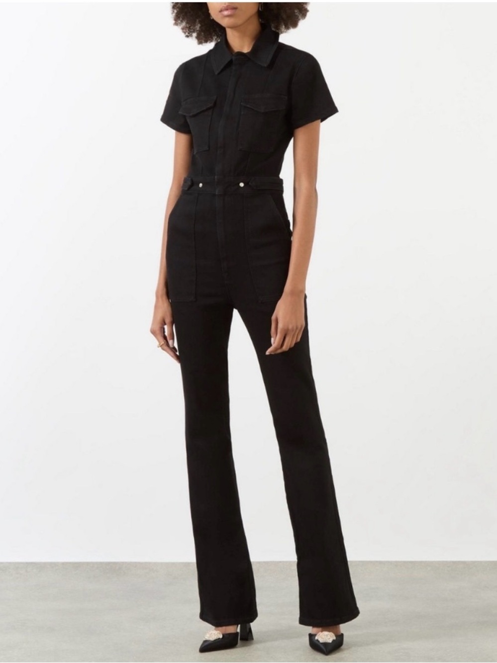 Good American Black Short-Sleeve Zip-Front Denim Jumpsuit